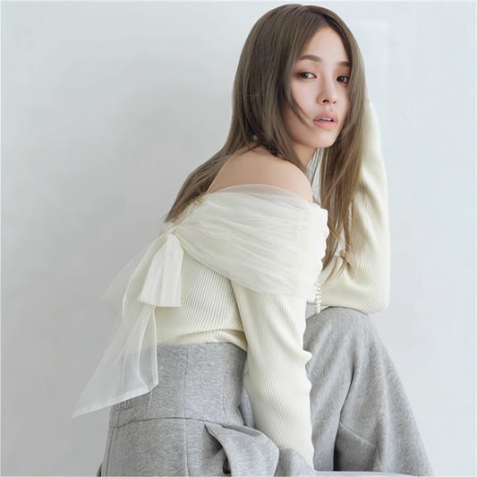 シフォンニットオフショルトップス