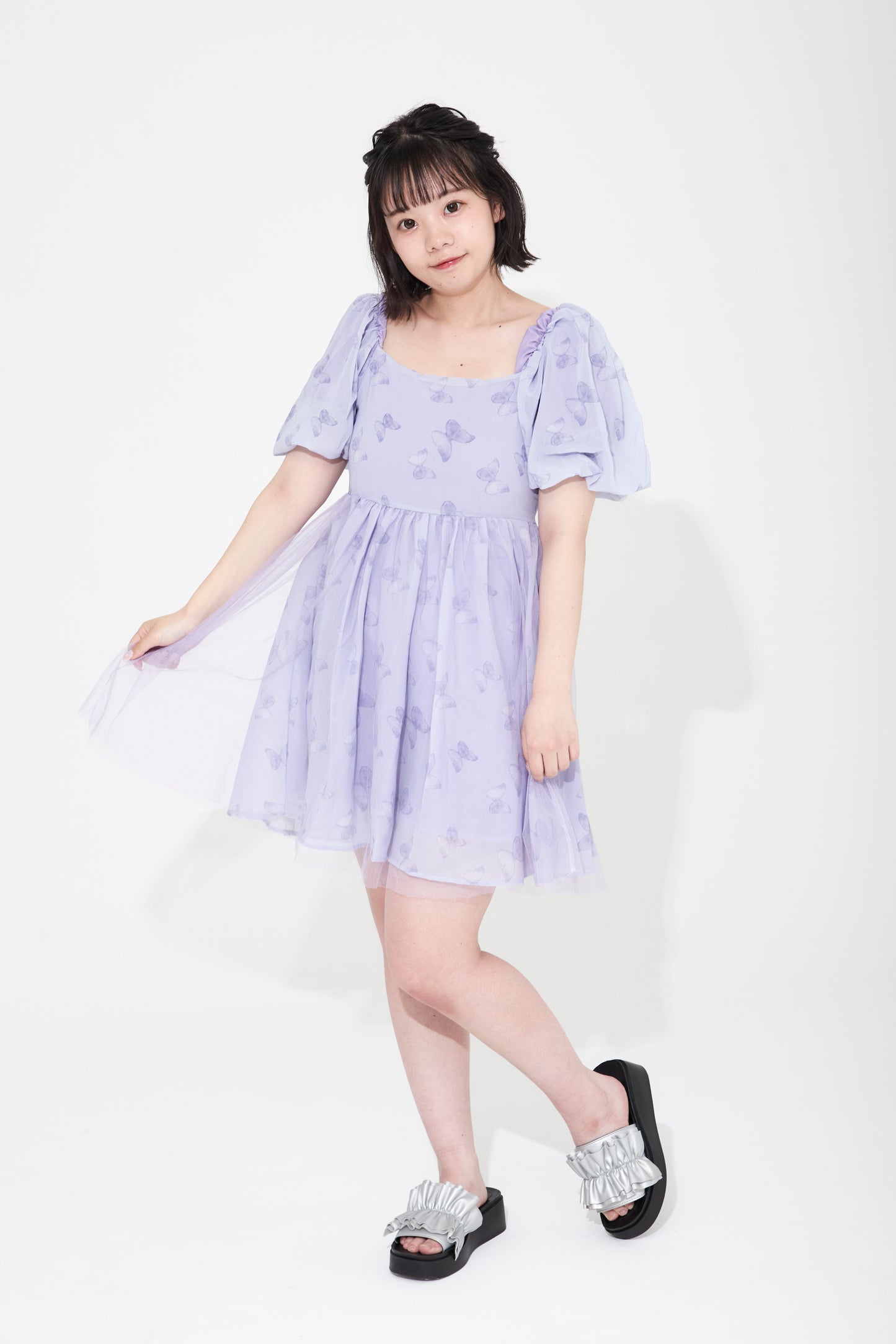 シフォンバタフライパープルワンピース