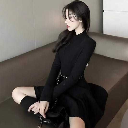 ハイネック長袖シンプルミニワンピース