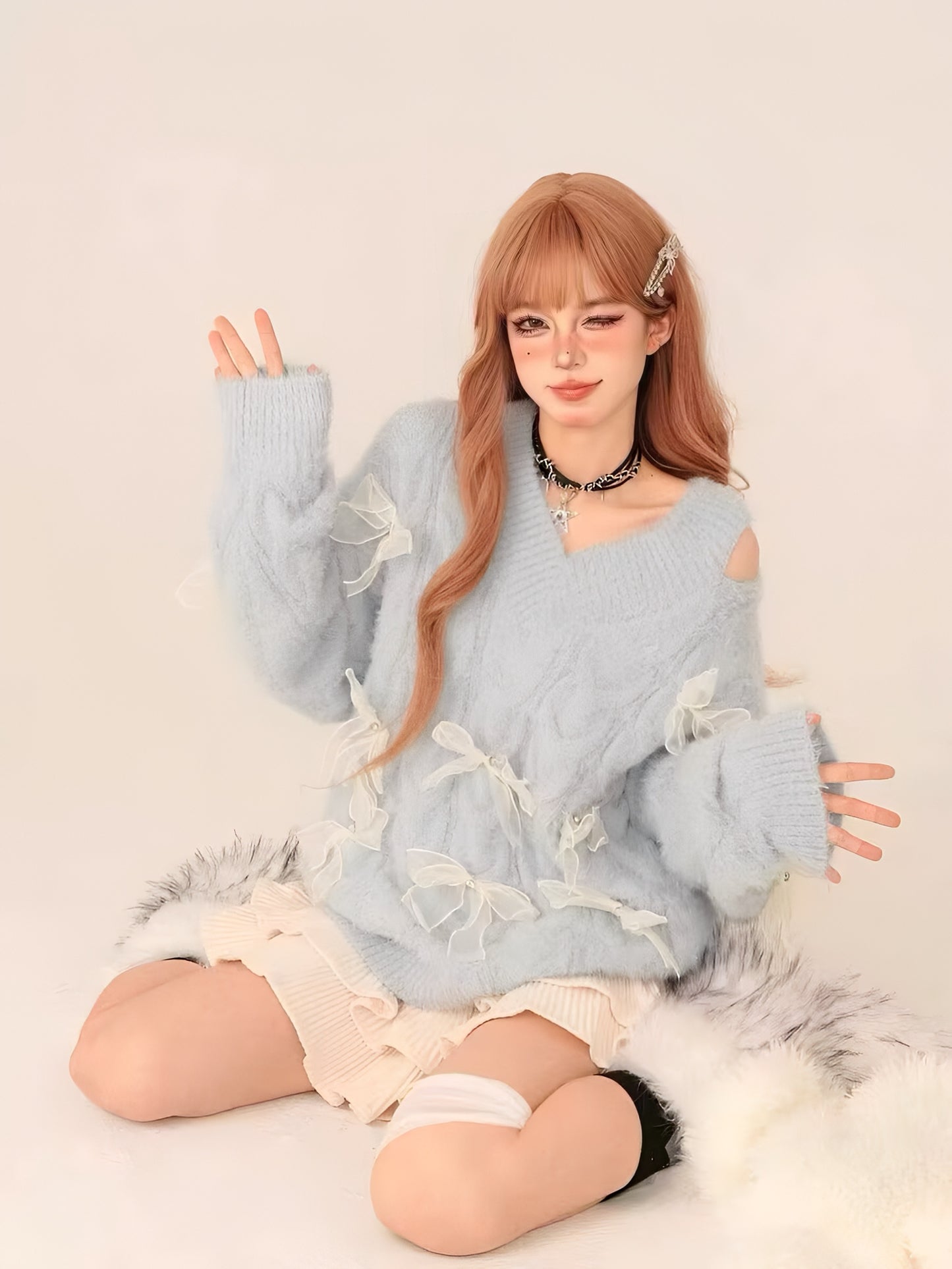 ribbon knit blue tops