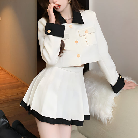 配色カラージャケットプリーツスカートセットアップ