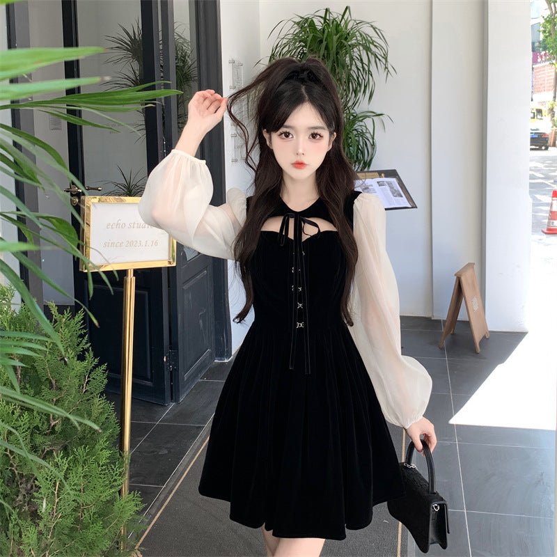 袖シフォントップオープンミニワンピース