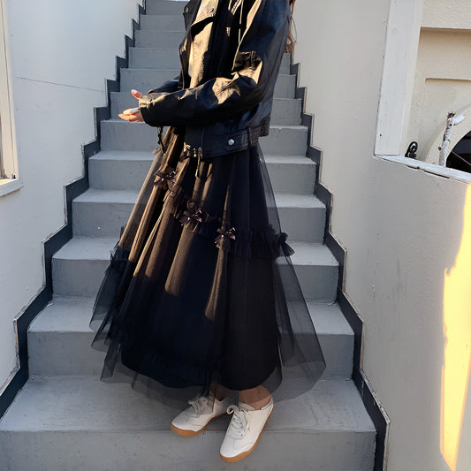 リボンフリルチュールロングスカート