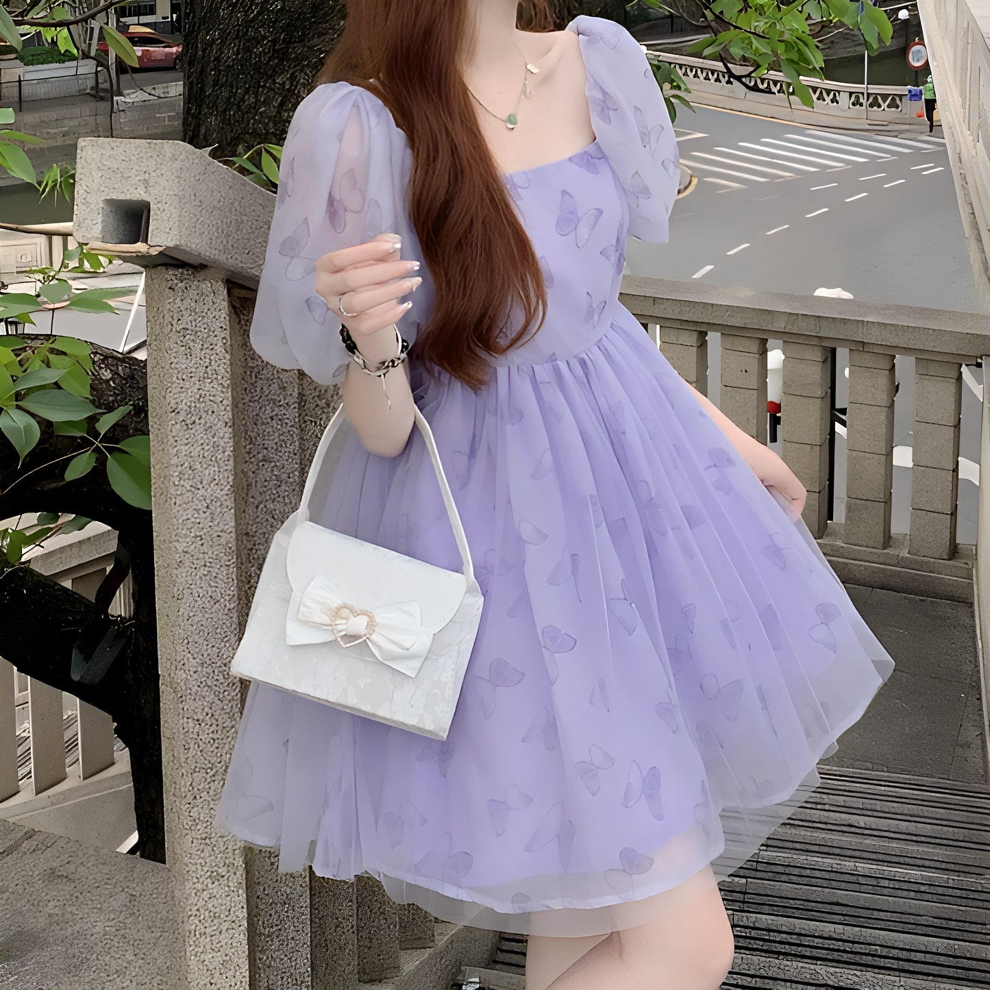 シフォンバタフライパープルワンピース