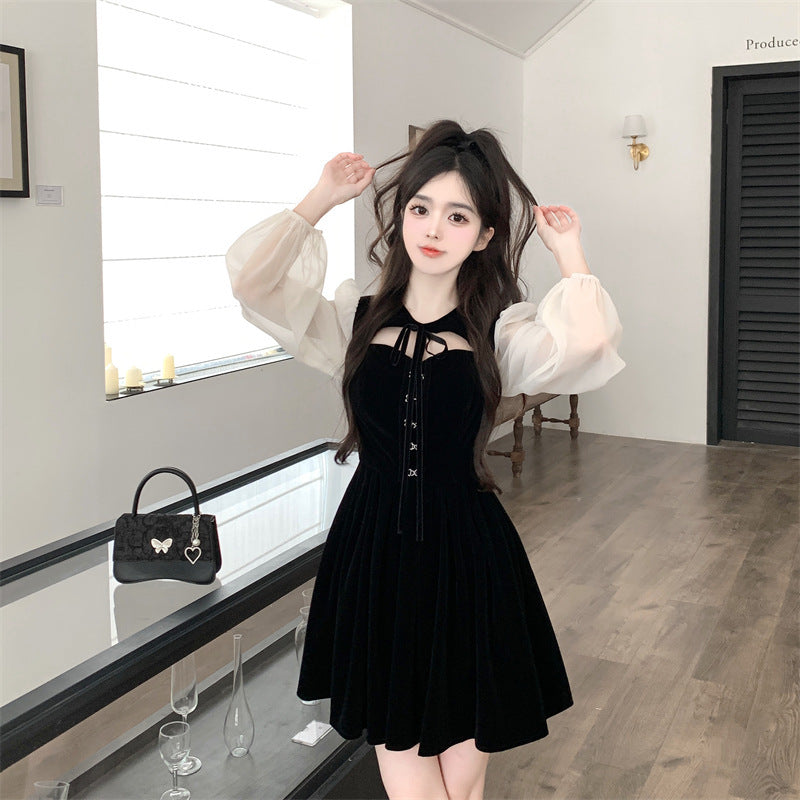 袖シフォントップオープンミニワンピース