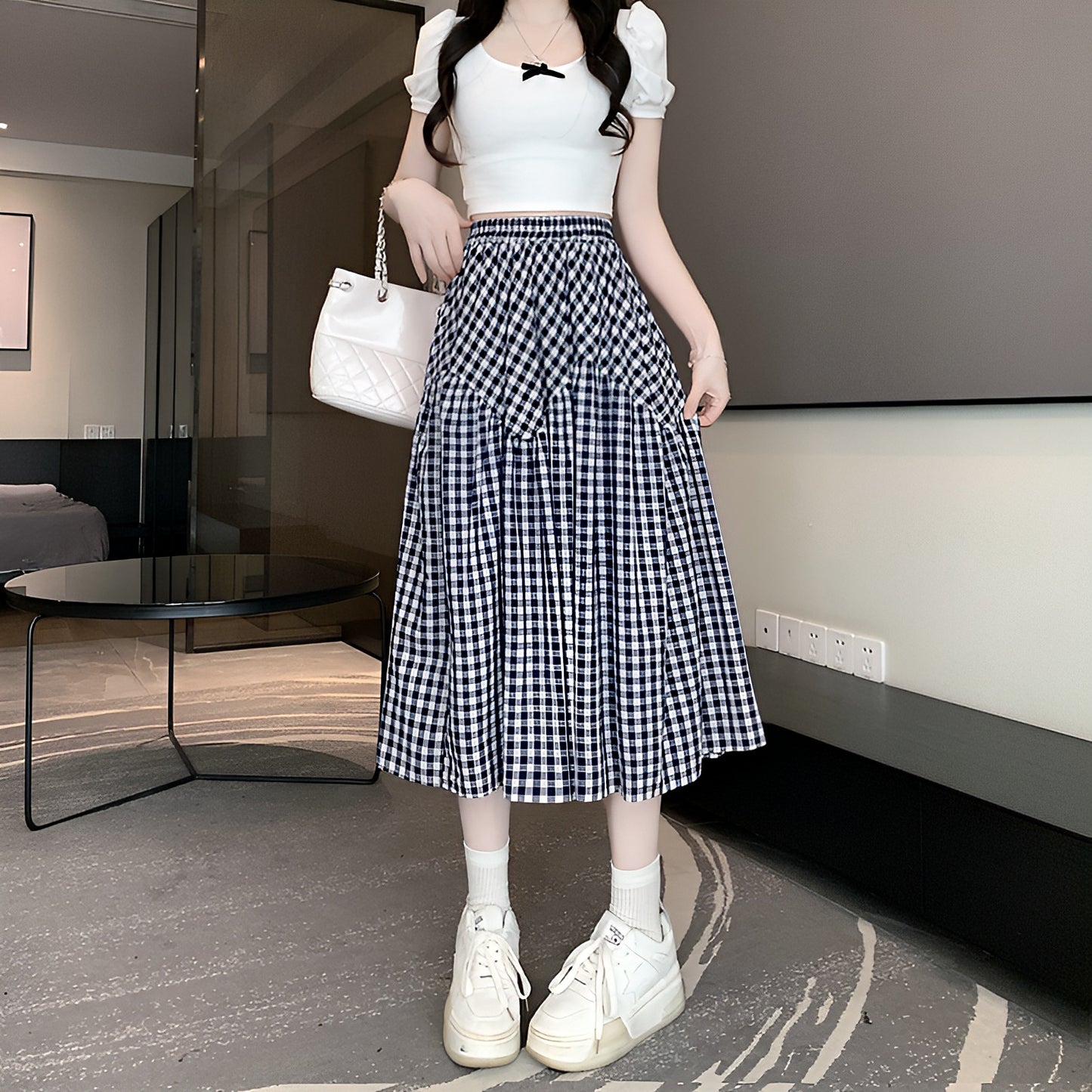 3色展開チェックロングスカート