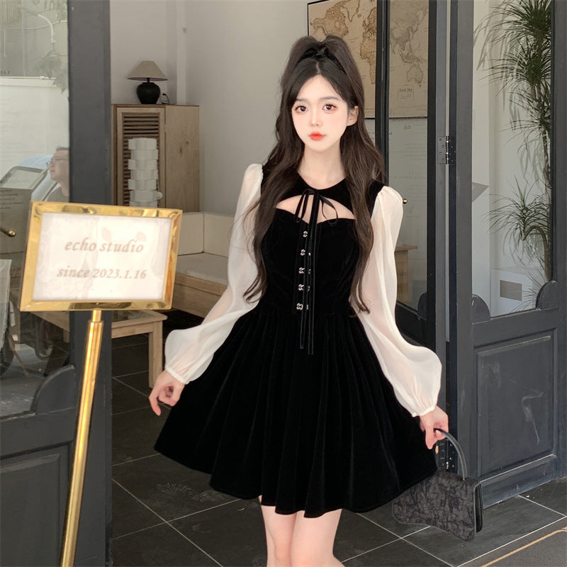 袖シフォントップオープンミニワンピース