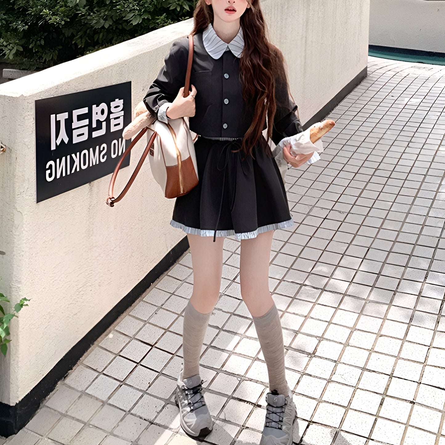 襟袖ストライプブラックセットアップ