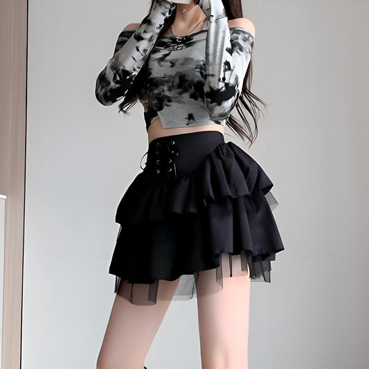 ダブルフリルブラックミニスカート