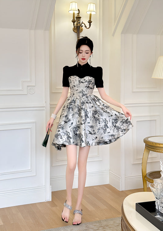 【M.C】チャイナ風ネックフレアミニワンピース