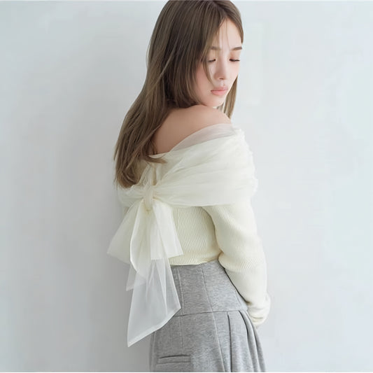 シフォンニットオフショルトップス