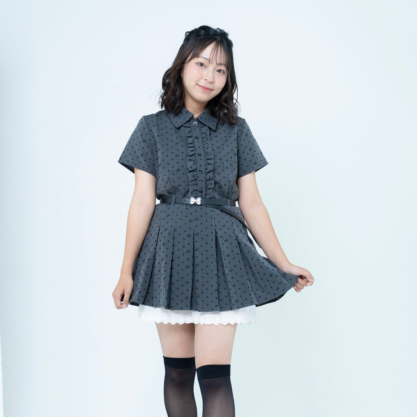 ドットリボン柄シャツワンピース