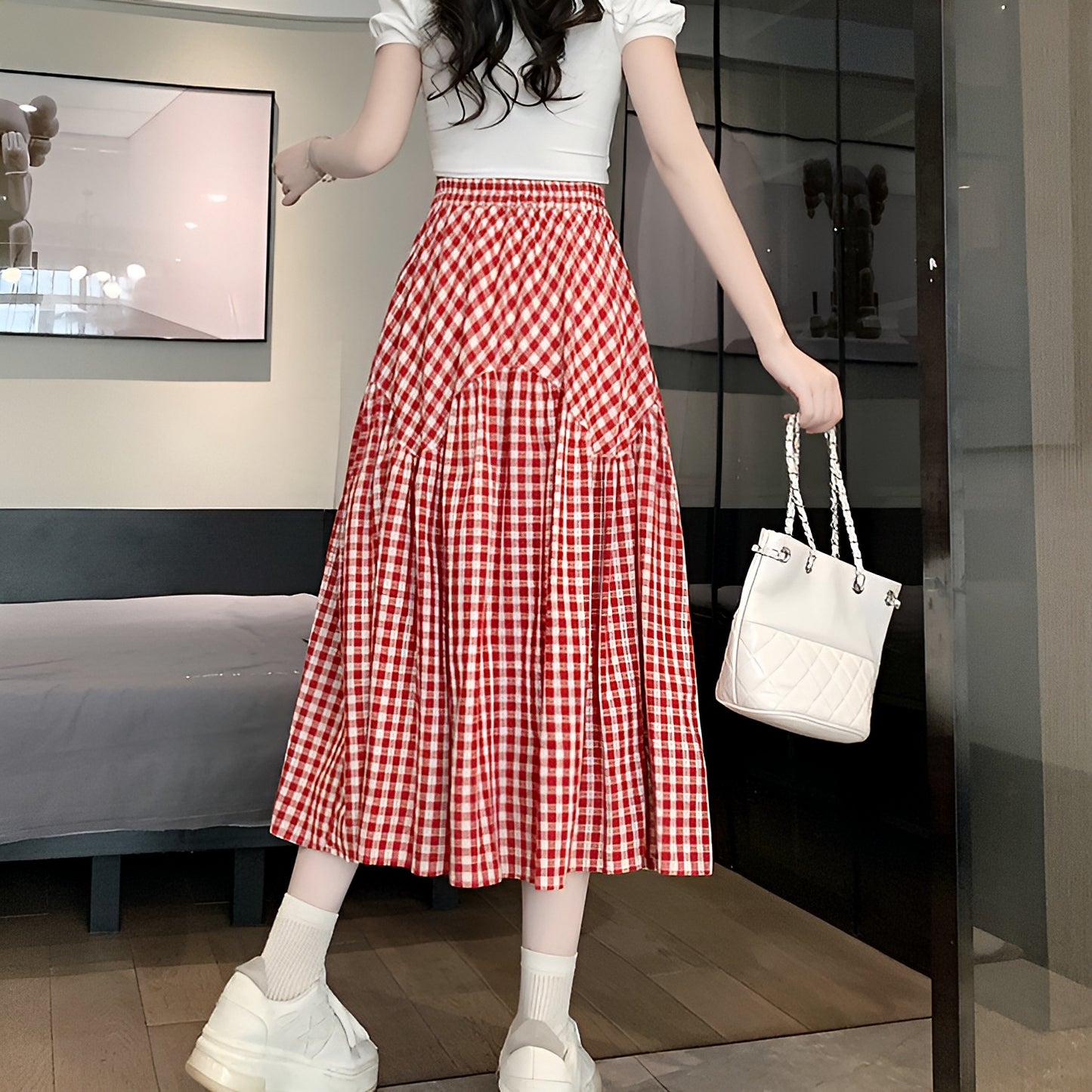 3色展開チェックロングスカート