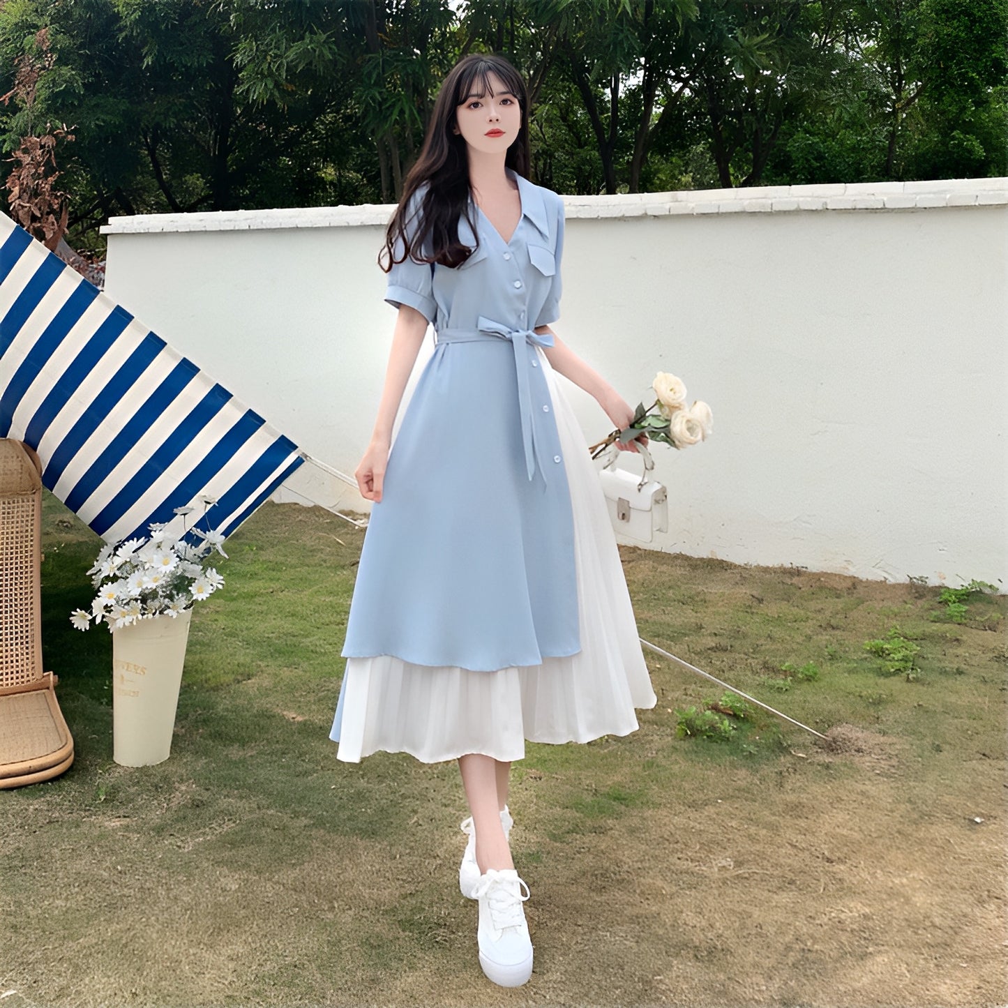 シャツシフォンブルーワンピース