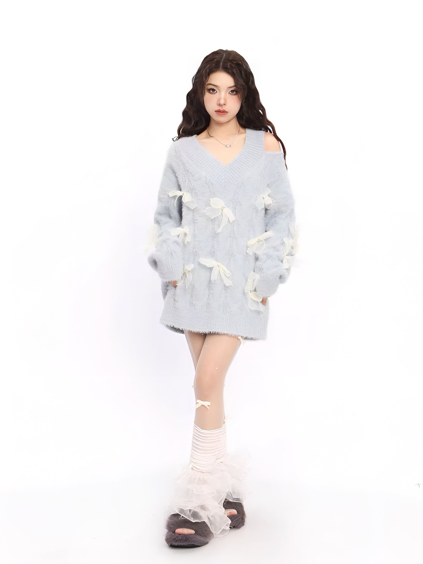 ribbon knit blue tops
