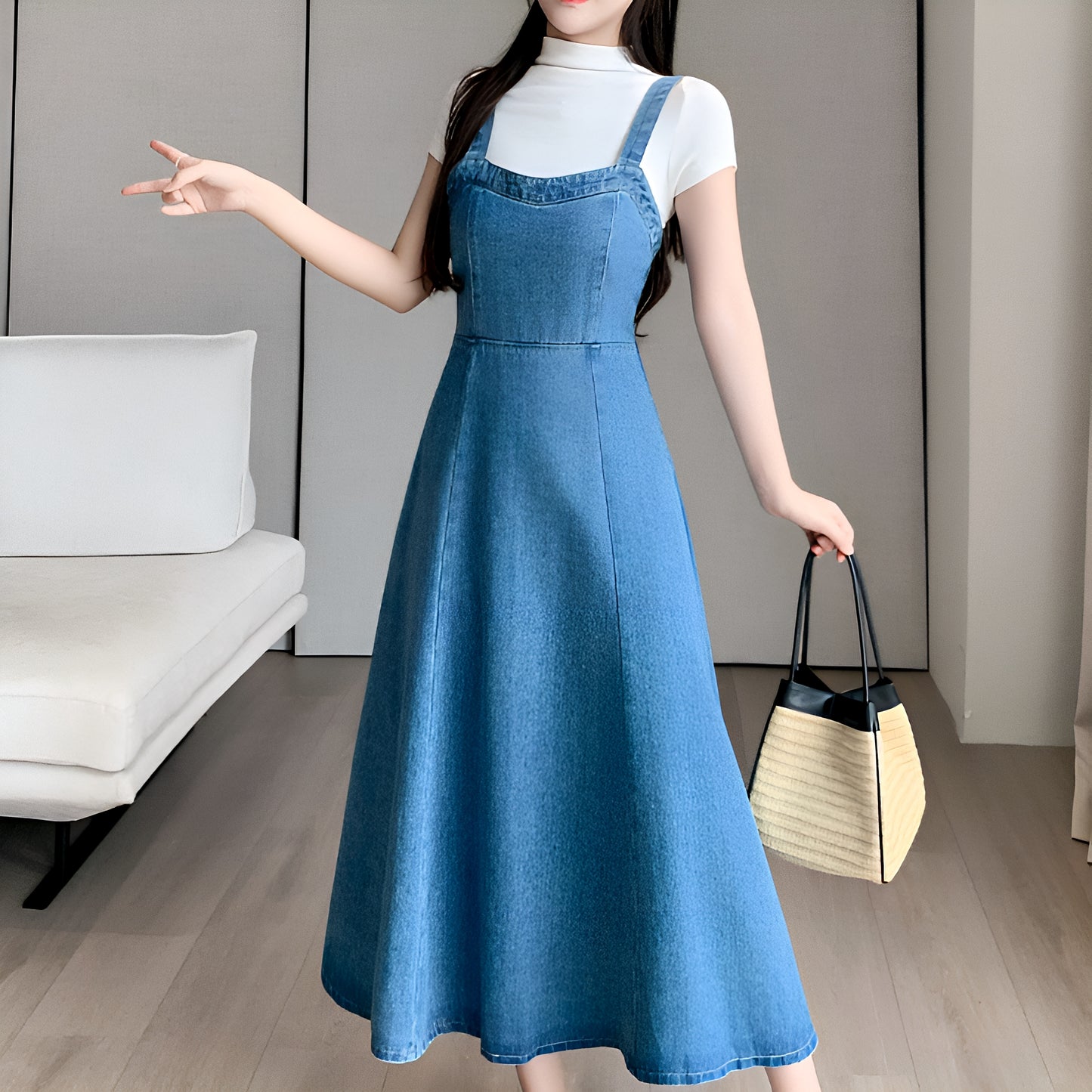 デニムロングAラインワンピース