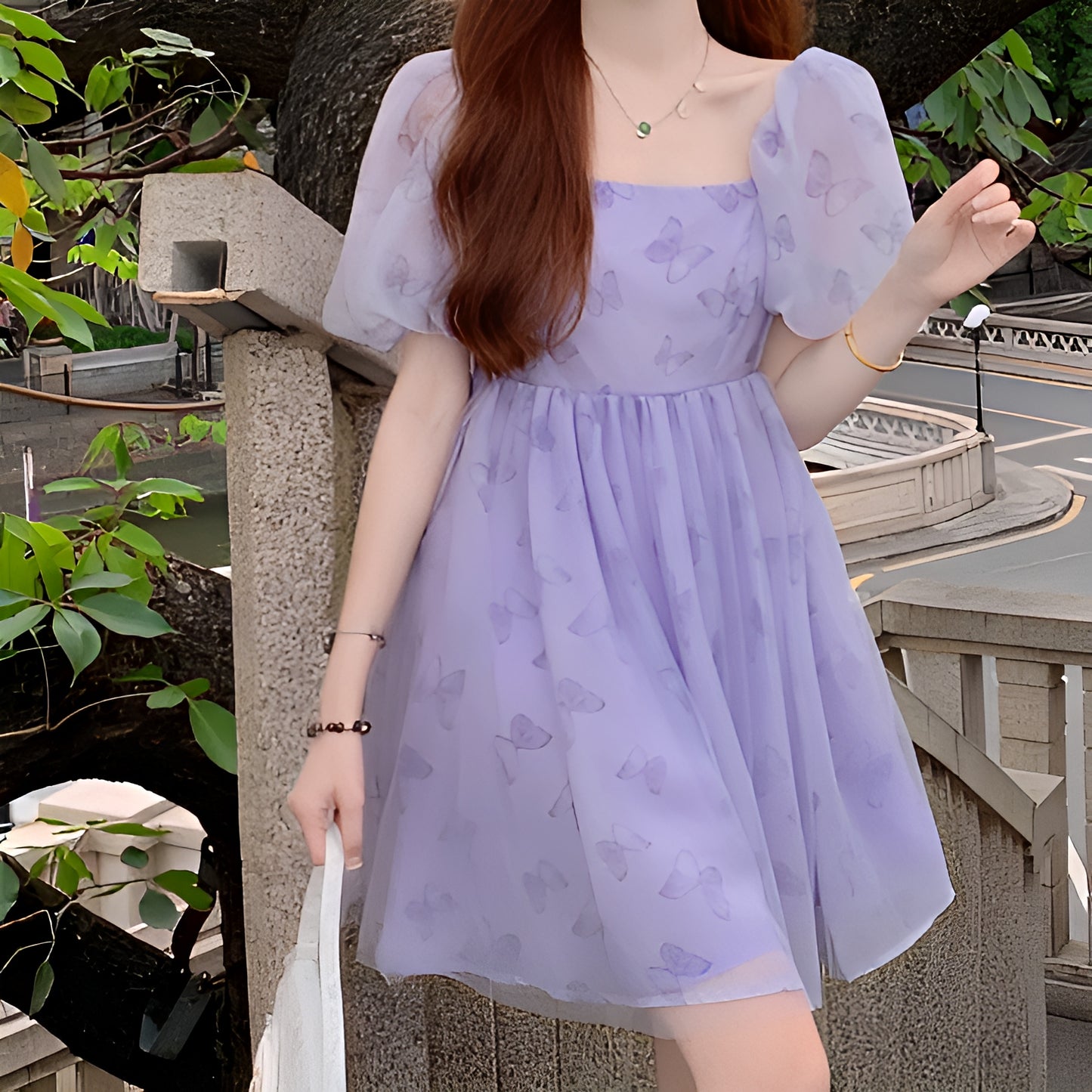 シフォンバタフライパープルワンピース