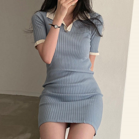 半袖ニットミニ丈ワンピース