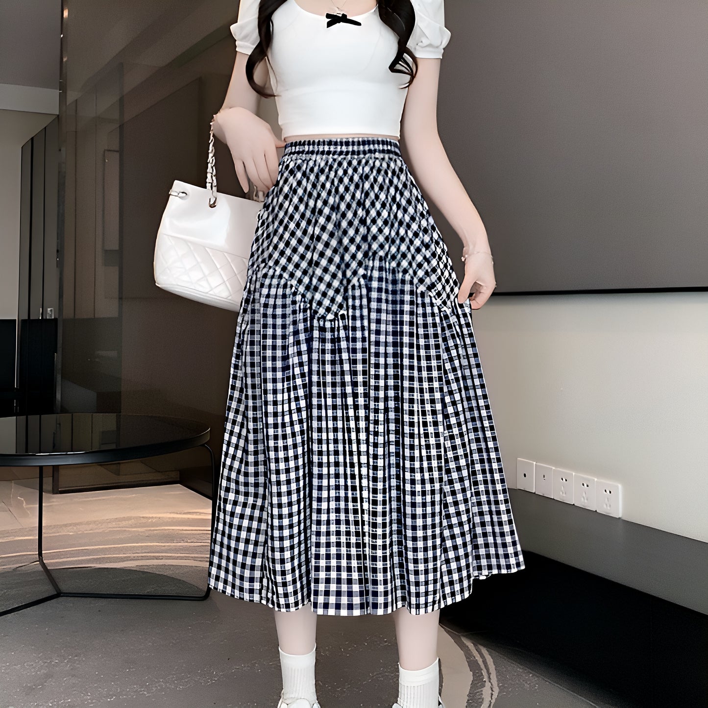 3色展開チェックロングスカート