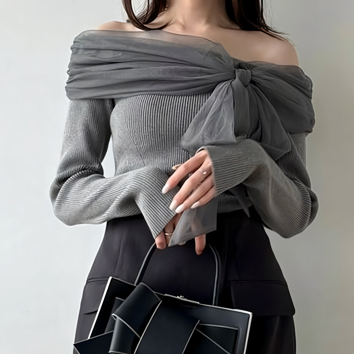 シフォンニットオフショルトップス