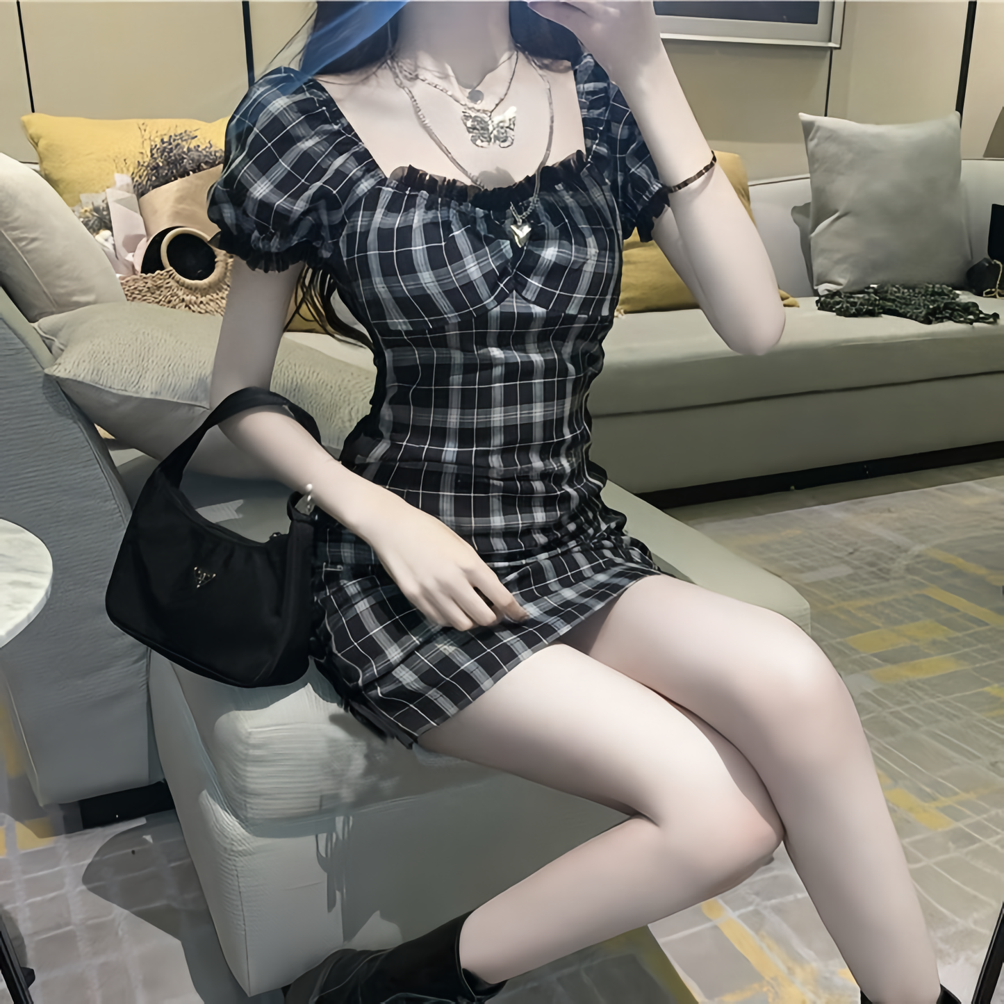 チェックタイトミニワンピース
