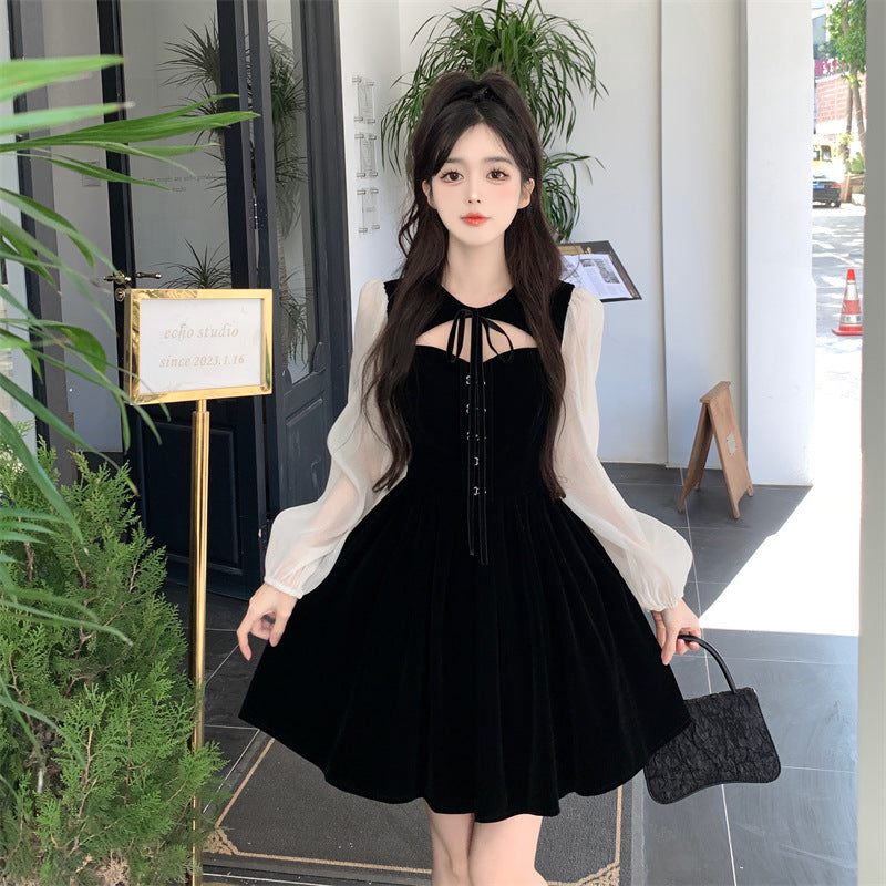 袖シフォントップオープンミニワンピース