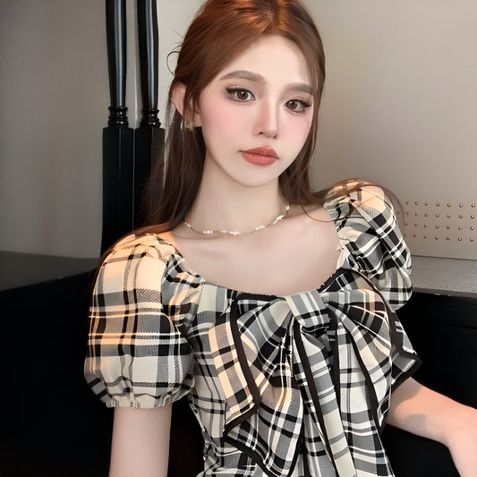 トップりぼんチェック柄トップス