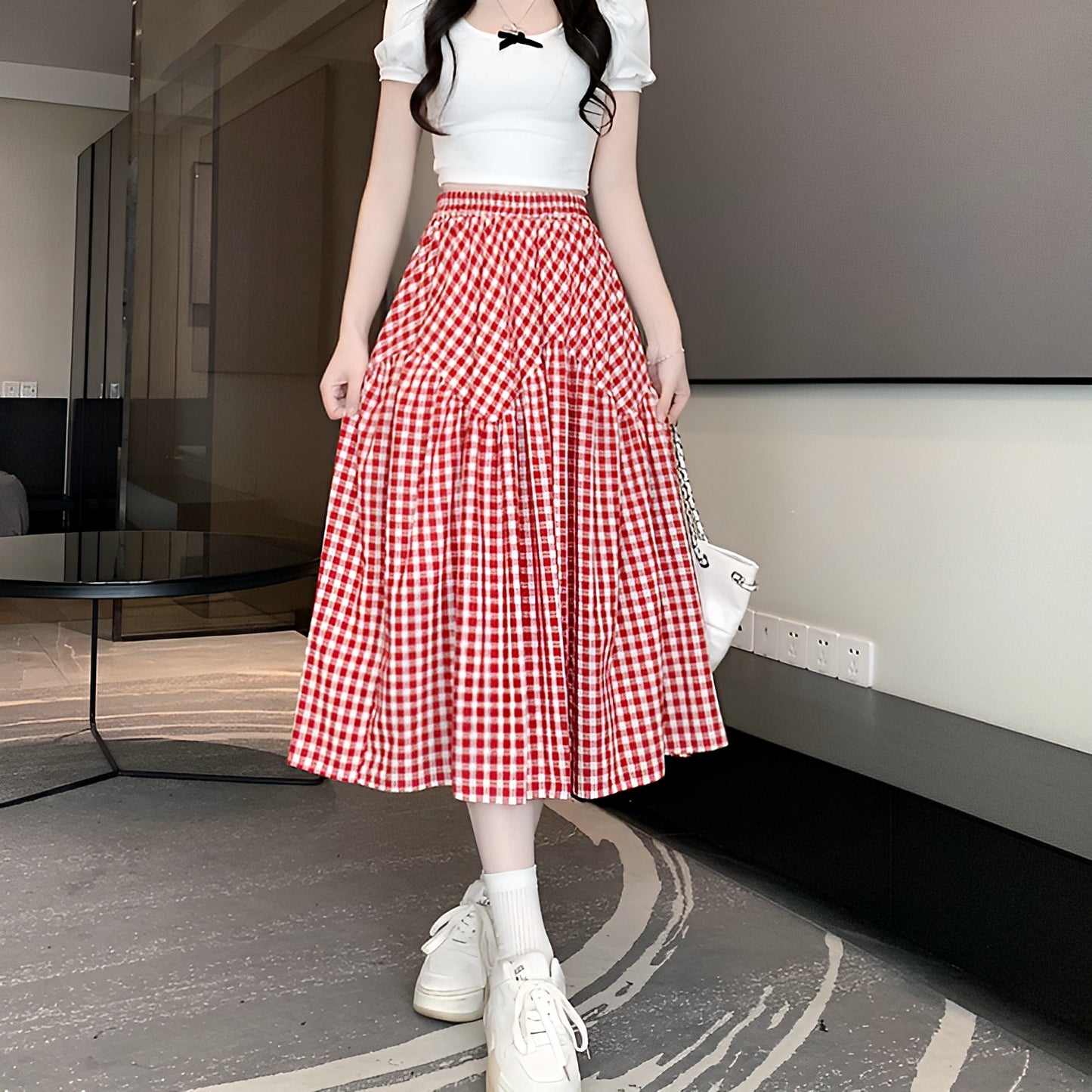 3色展開チェックロングスカート