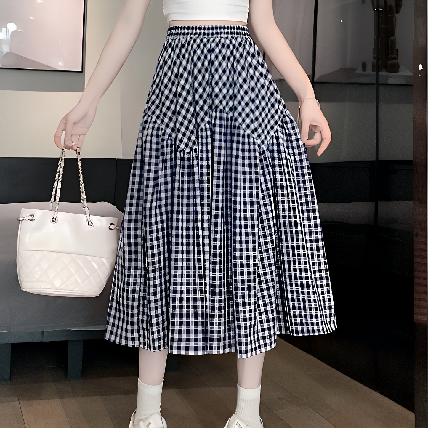 3色展開チェックロングスカート