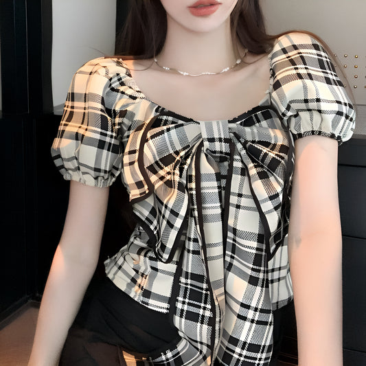 トップりぼんチェック柄トップス