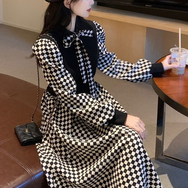 ブラックベスト風格子ロングワンピース