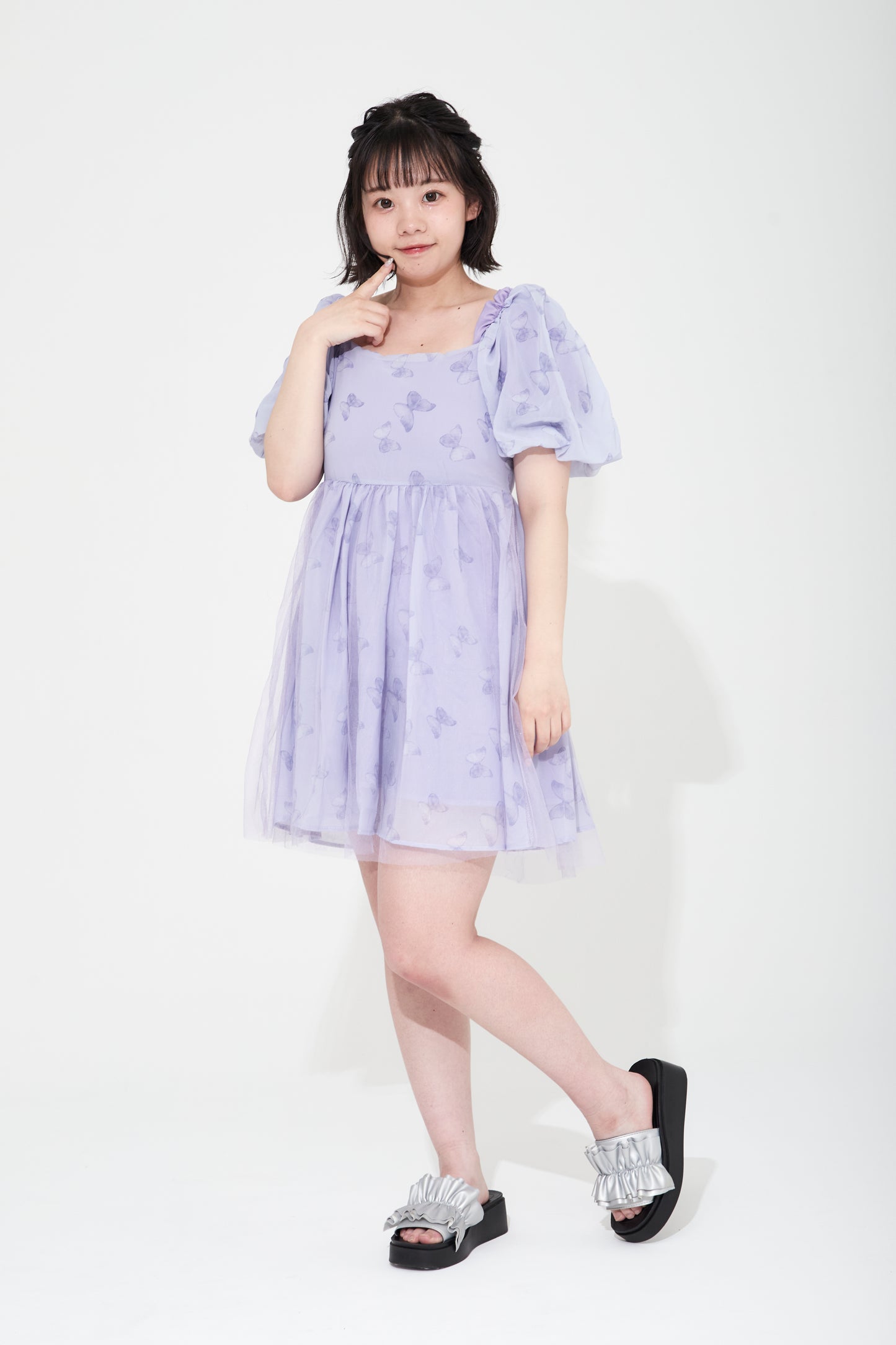 シフォンバタフライパープルワンピース