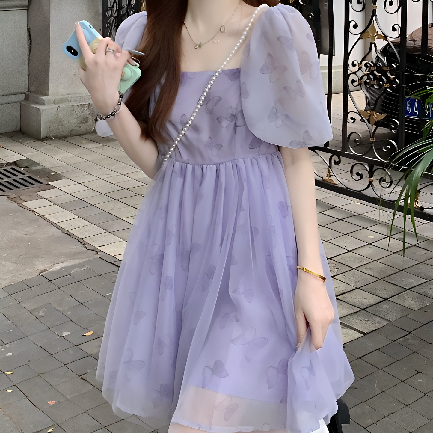 シフォンバタフライパープルワンピース