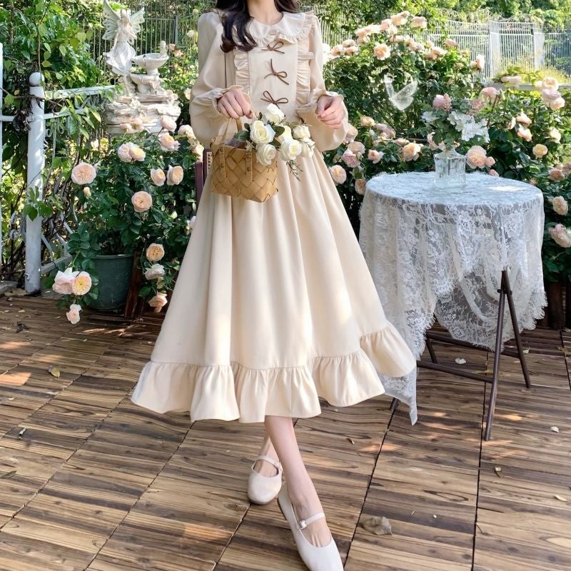 リボンフリルクリームロングワンピース