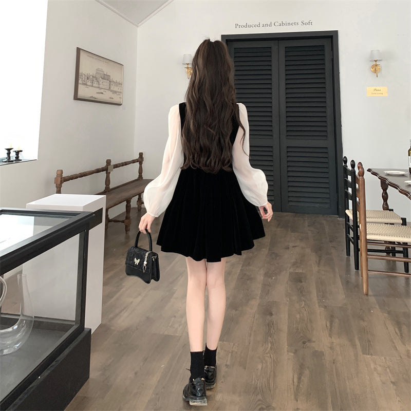 袖シフォントップオープンミニワンピース