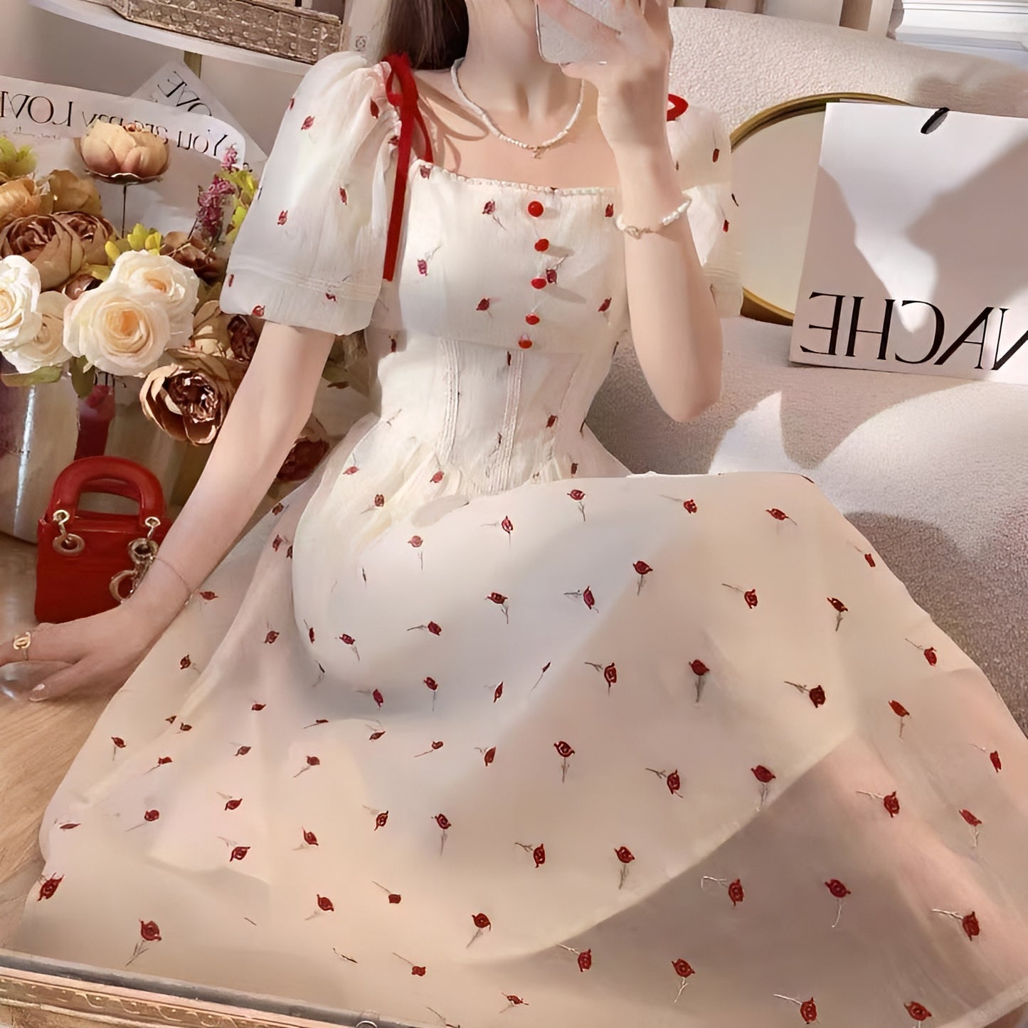 赤薔薇コルセット風フレンチワンピース