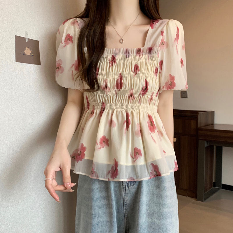 花柄シフォンチュニックトップス
