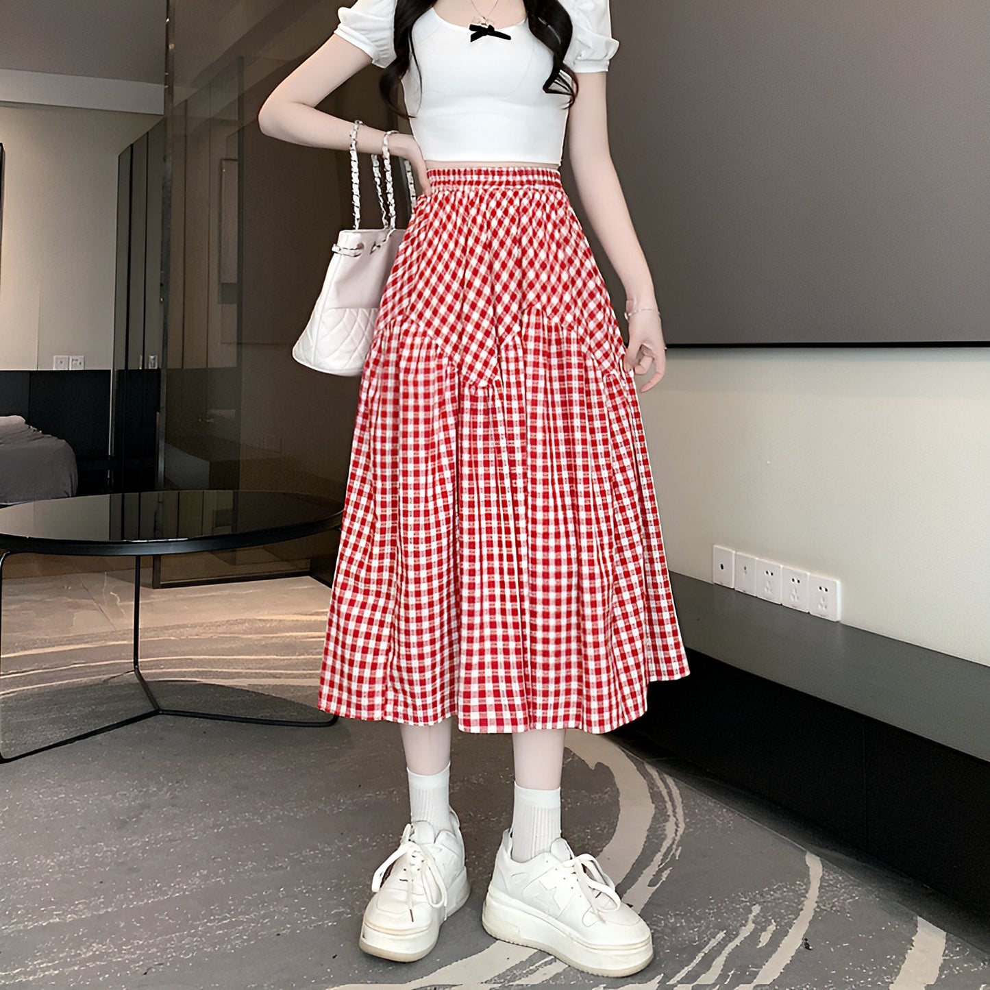 3色展開チェックロングスカート