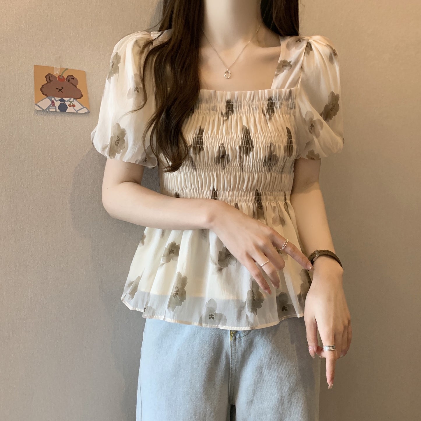 花柄シフォンチュニックトップス