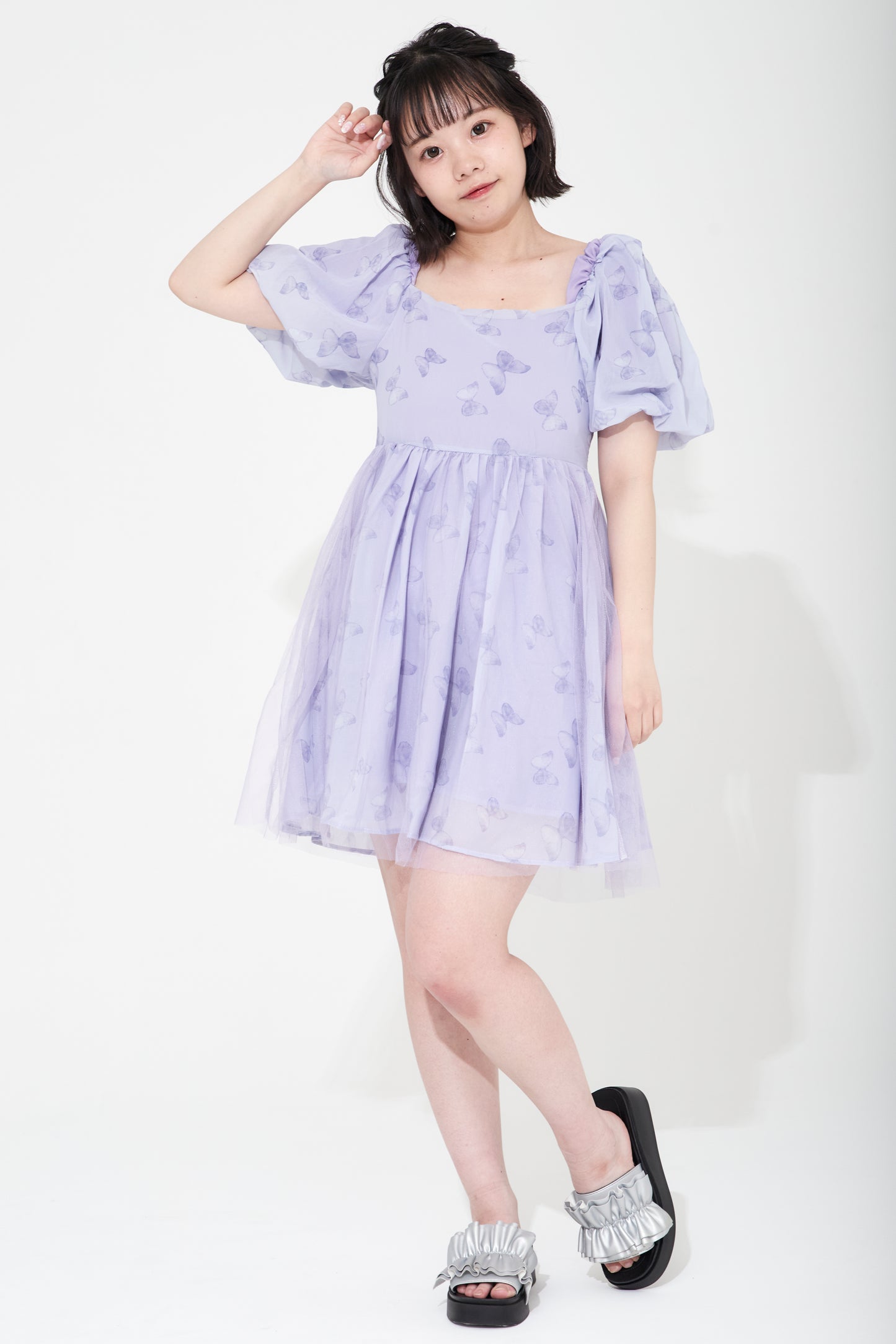 シフォンバタフライパープルワンピース