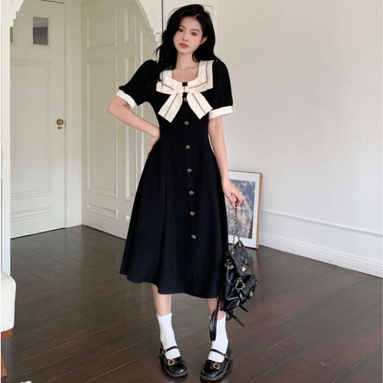 大きめリボンブラックロングワンピース