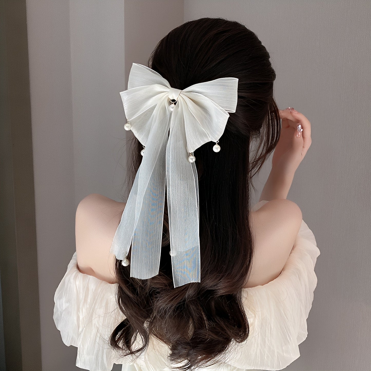 パール付きリボンヘアアクセサリー