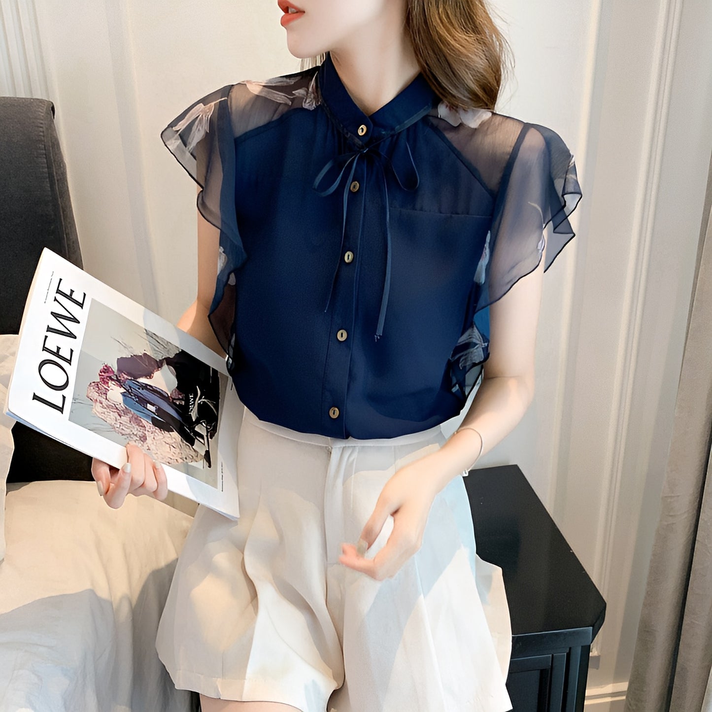 袖シフォンフリルTops