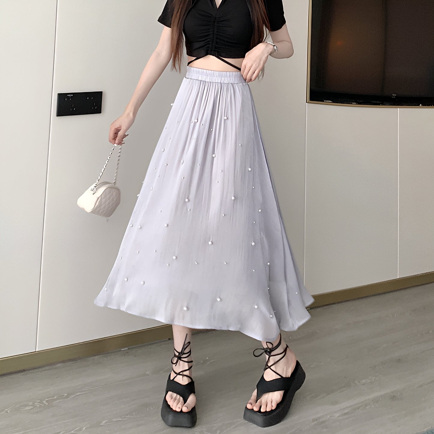 パール付きシフォンロングスカート
