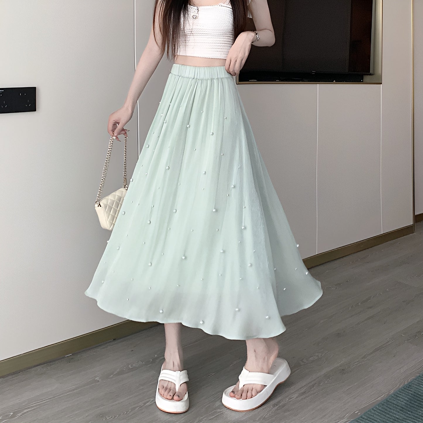 パール付きシフォンロングスカート