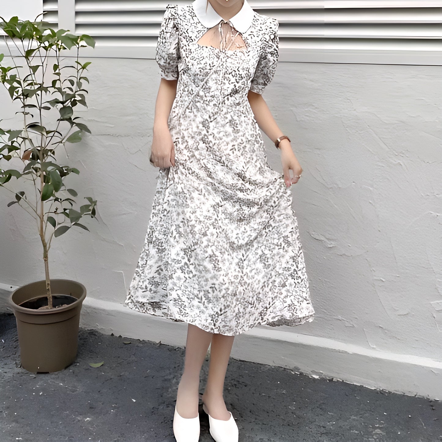 花柄襟付きロングワンピース