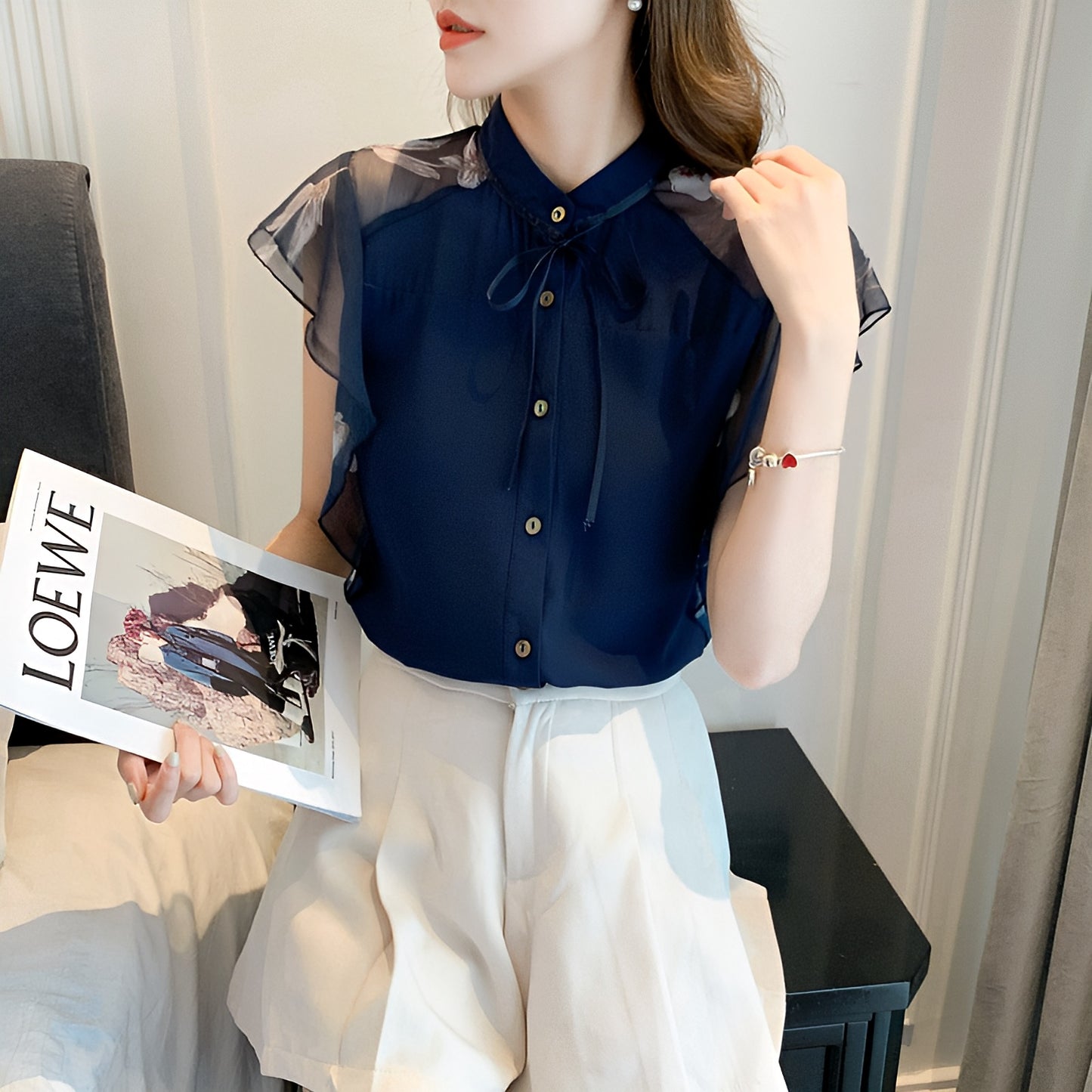 袖シフォンフリルTops