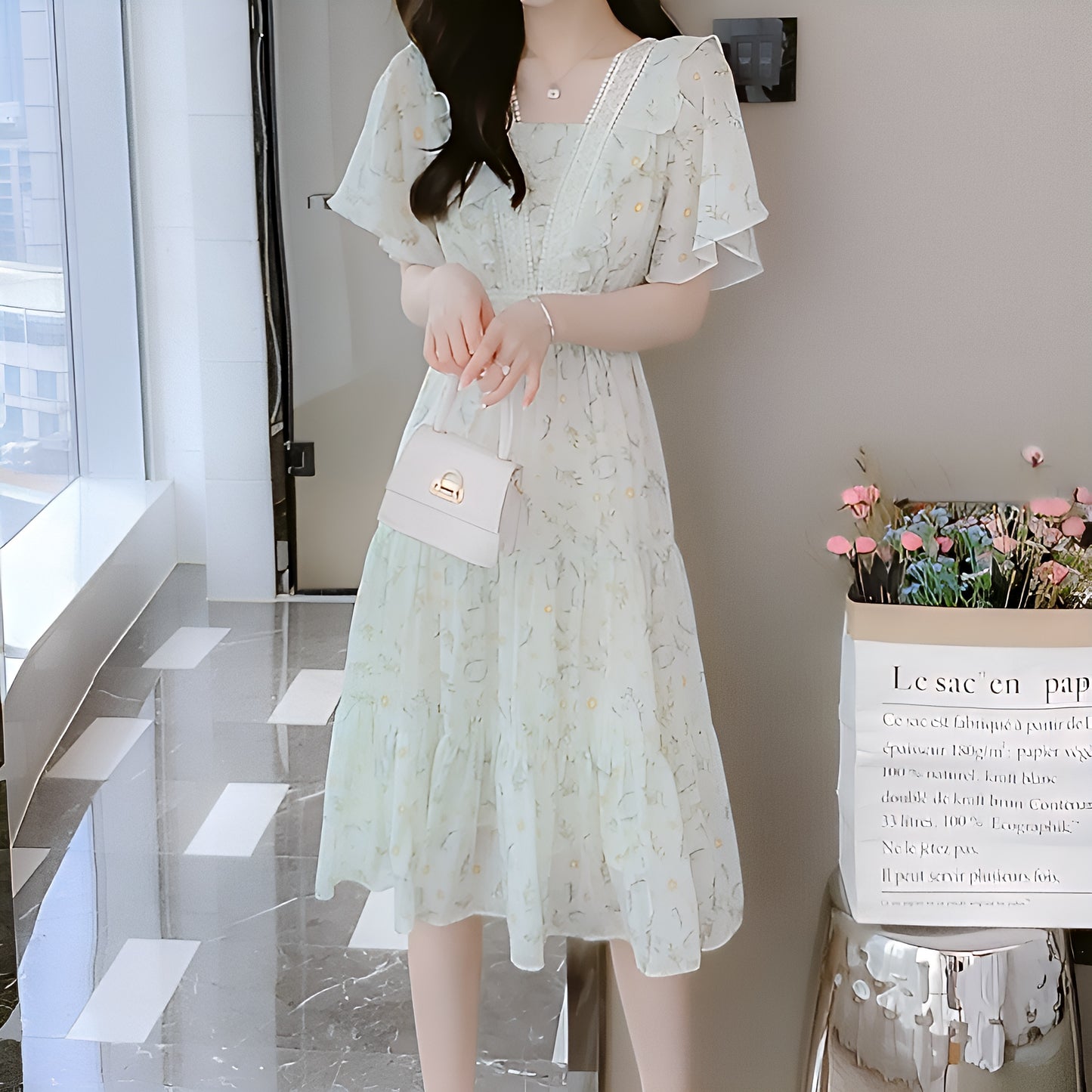 花柄袖フリルロングワンピース