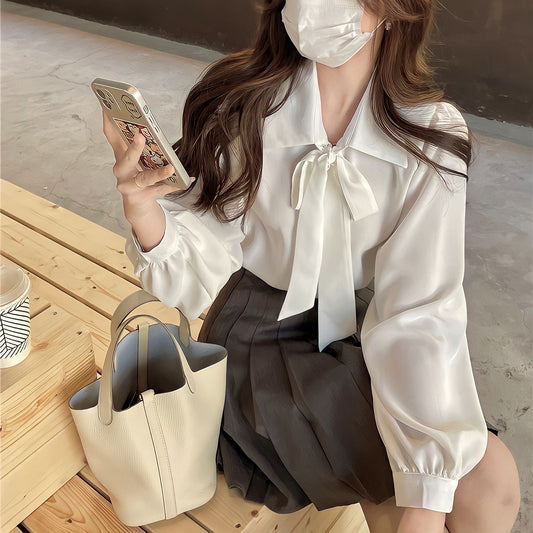 襟付きボウタイリボントップス