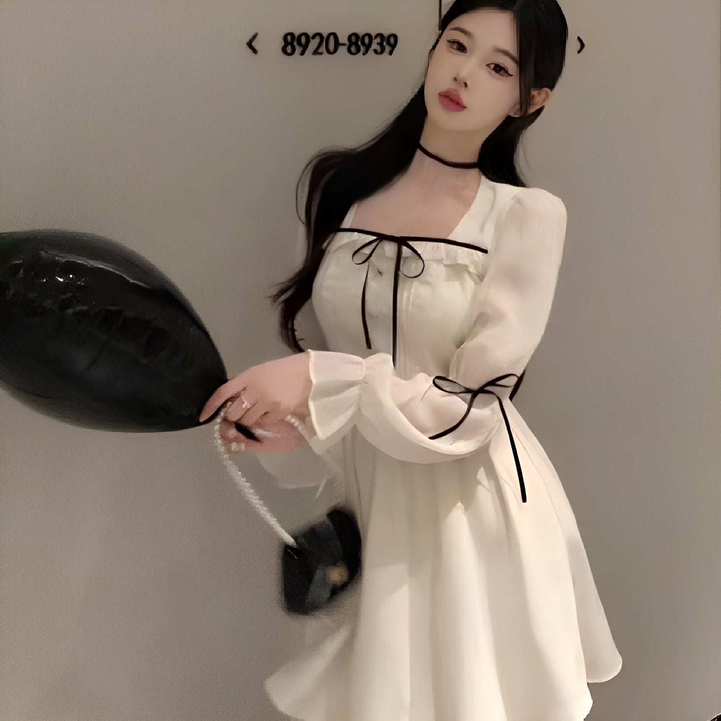 袖シフォンホワイトフレアワンピース